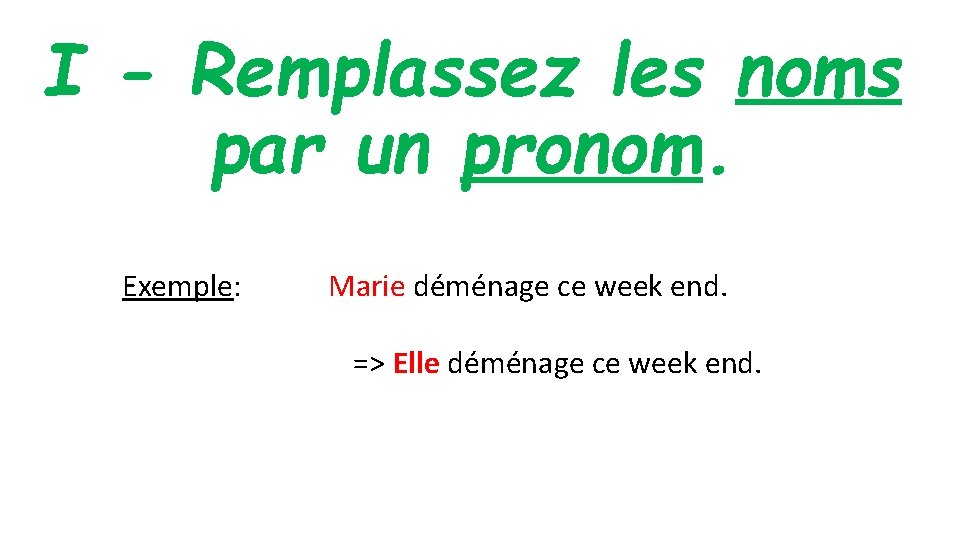 I - Remplassez les noms par un pronom. Exemple: Marie déménage ce week end. I - Remplassez les noms par un pronom. Exemple: Marie déménage ce week end.