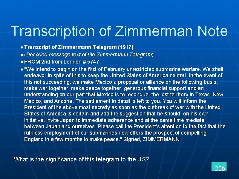 Transcription of Zimmerman Note ● Transcript of Zimmermann Telegram (1917) ● (Decoded message text