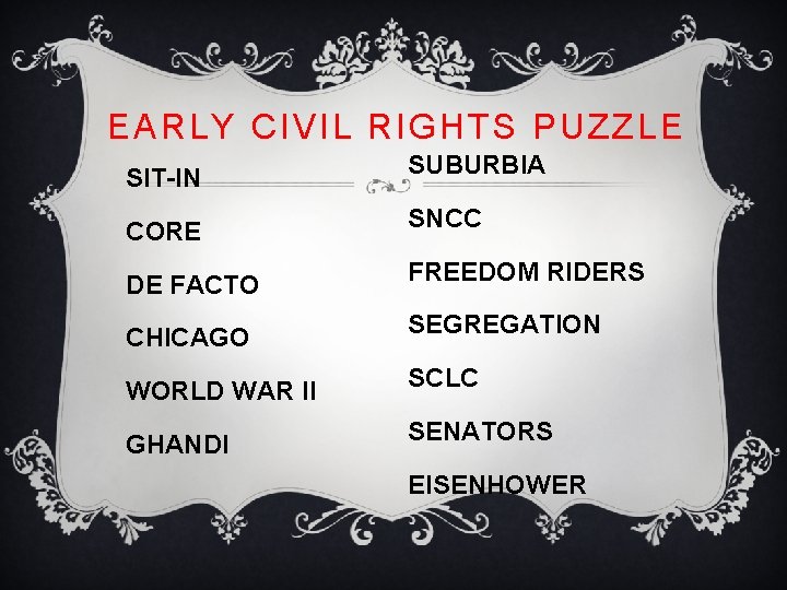 EARLY CIVIL RIGHTS PUZZLE SIT-IN SUBURBIA CORE SNCC DE FACTO FREEDOM RIDERS CHICAGO SEGREGATION EARLY CIVIL RIGHTS PUZZLE SIT-IN SUBURBIA CORE SNCC DE FACTO FREEDOM RIDERS CHICAGO SEGREGATION