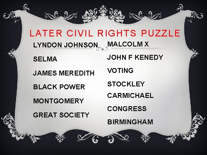 LATER CIVIL RIGHTS PUZZLE LYNDON JOHNSON MALCOLM X SELMA JOHN F KENEDY JAMES MEREDITH LATER CIVIL RIGHTS PUZZLE LYNDON JOHNSON MALCOLM X SELMA JOHN F KENEDY JAMES MEREDITH