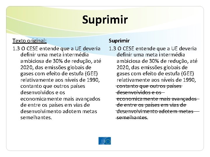 Suprimir Texto original: 1. 3 O CESE entende que a UE deveria definir uma Suprimir Texto original: 1. 3 O CESE entende que a UE deveria definir uma