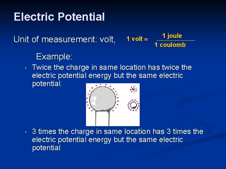 Electric Potential Unit of measurement: volt, 1 volt 1 joule 1 coulomb Example: •
