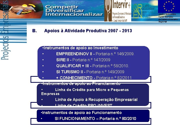 UNIÃO EUROPEIA Fundo Europeu de Desenvolvimento Regional B. Apoios à Atividade Produtiva 2007 -