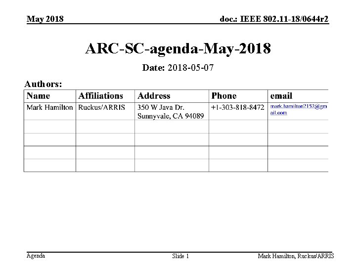 May 2018 doc. : IEEE 802. 11 -18/0644 r 2 ARC-SC-agenda-May-2018 Date: 2018 -05