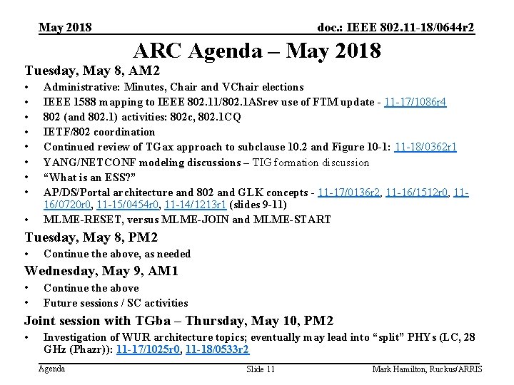 May 2018 doc. : IEEE 802. 11 -18/0644 r 2 ARC Agenda – May