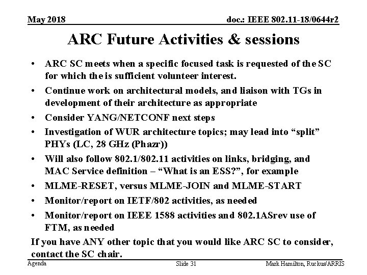 May 2018 doc. : IEEE 802. 11 -18/0644 r 2 ARC Future Activities &