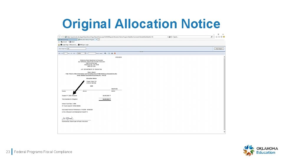 Original Allocation Notice 23 Federal Programs Fiscal Compliance 