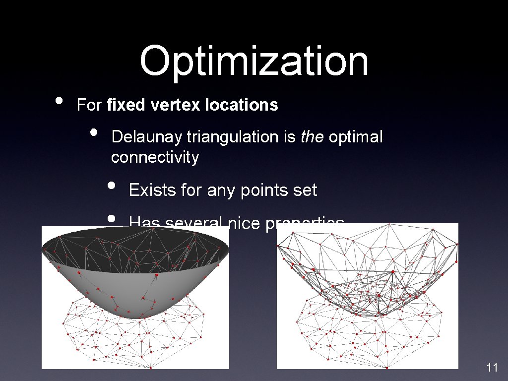 Optimization • For fixed vertex locations • Delaunay triangulation is the optimal connectivity •