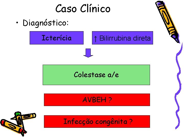 Caso Clínico • Diagnóstico: Icterícia ↑ Bilirrubina direta Colestase a/e AVBEH ? Infecção congênita