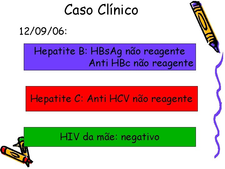 Caso Clínico 12/09/06: Hepatite B: HBs. Ag não reagente Anti HBc não reagente Hepatite