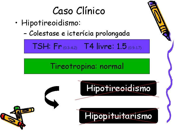 Caso Clínico • Hipotireoidismo: – Colestase e icterícia prolongada TSH: Fr (0. 3 -4.