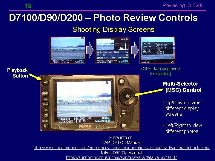 18 Reviewing: O-2205 D 7100/D 90/D 200 – Photo Review Controls Shooting Display Screens