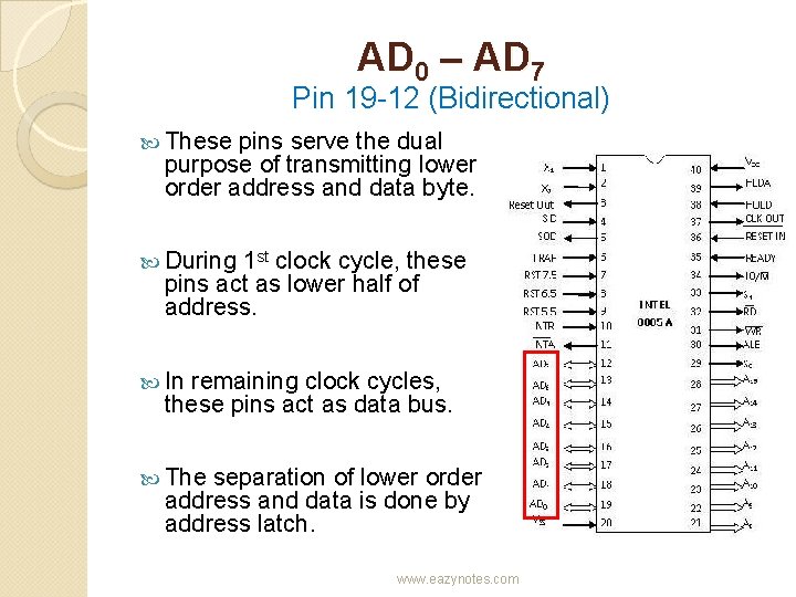 AD 0 – AD 7 Pin 19 -12 (Bidirectional) These pins serve the dual