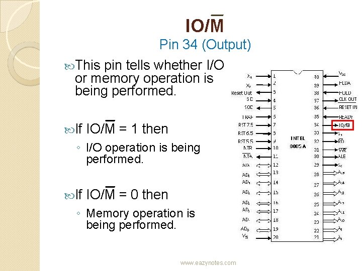 IO/M Pin 34 (Output) This pin tells whether I/O or memory operation is being