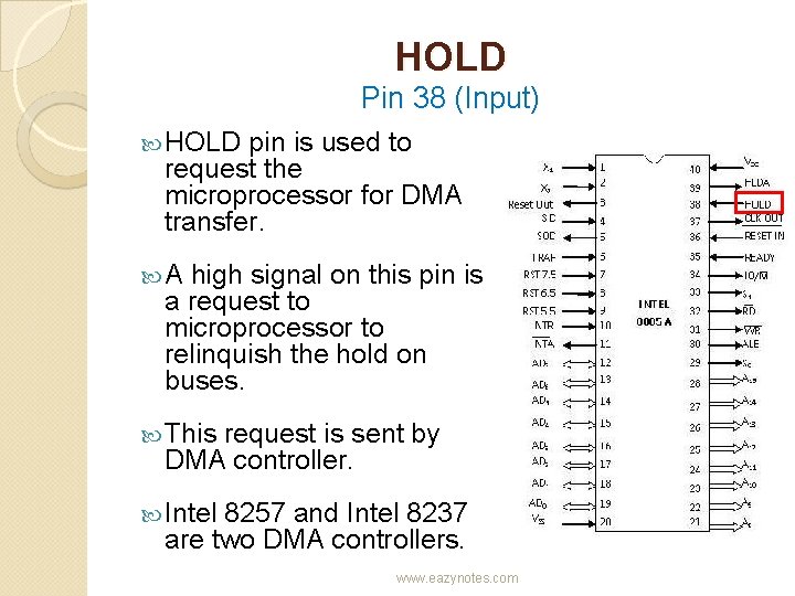 HOLD Pin 38 (Input) HOLD pin is used to request the microprocessor for DMA