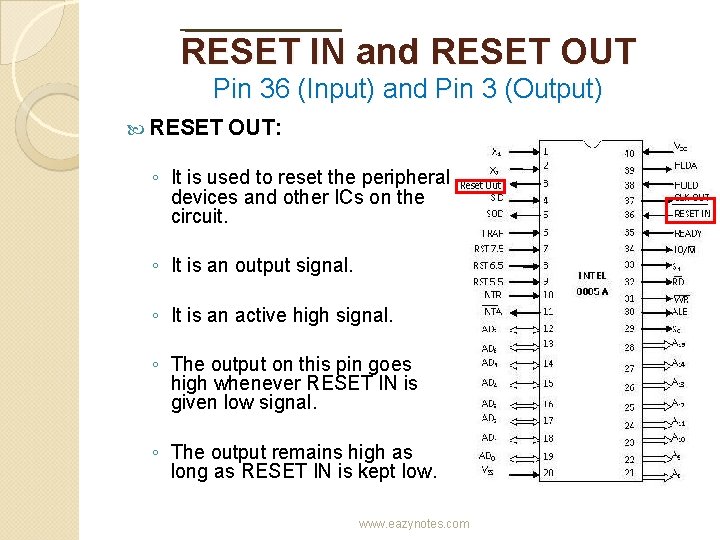 RESET IN and RESET OUT Pin 36 (Input) and Pin 3 (Output) RESET OUT: