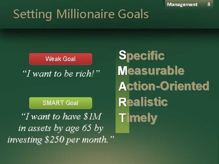 Setting Millionaire Goals Weak Goal “I want to be rich!” SMART Goal “I want Setting Millionaire Goals Weak Goal “I want to be rich!” SMART Goal “I want