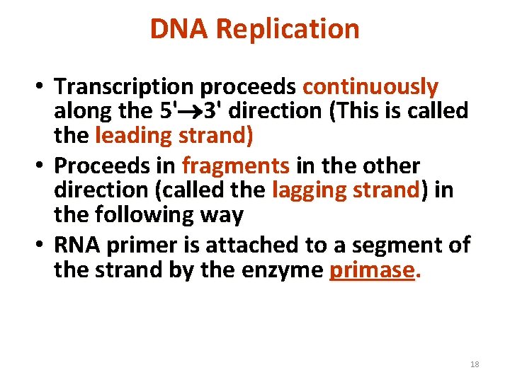 DNA Replication • Transcription proceeds continuously along the 5' 3' direction (This is called
