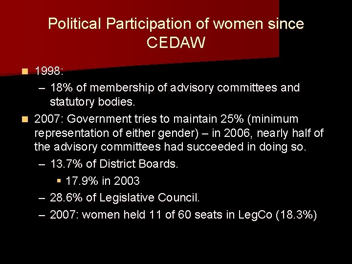 Political Participation of women since CEDAW 1998: – 18% of membership of advisory committees Political Participation of women since CEDAW 1998: – 18% of membership of advisory committees