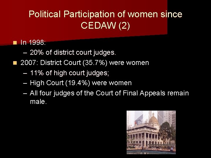 Political Participation of women since CEDAW (2) In 1998: – 20% of district court Political Participation of women since CEDAW (2) In 1998: – 20% of district court