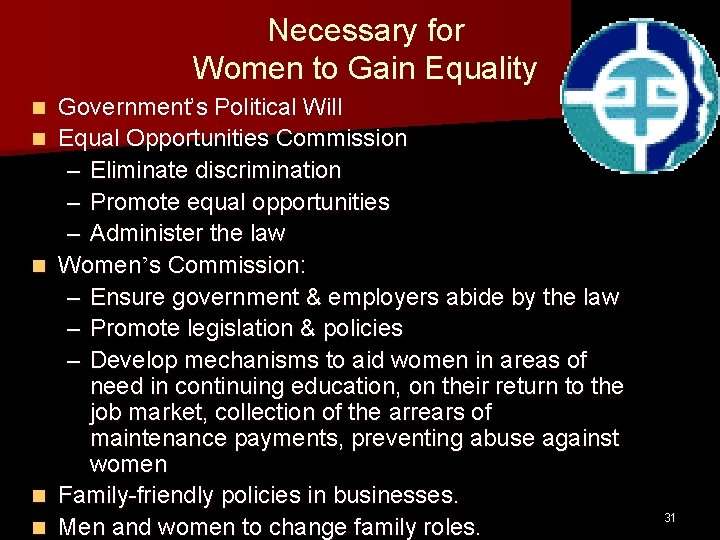 Necessary for Women to Gain Equality n n n Government’s Political Will Equal Opportunities Necessary for Women to Gain Equality n n n Government’s Political Will Equal Opportunities