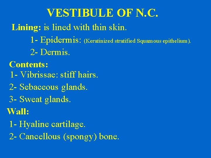 VESTIBULE OF N. C. Lining: is lined with thin skin. 1 - Epidermis: (Keratinized