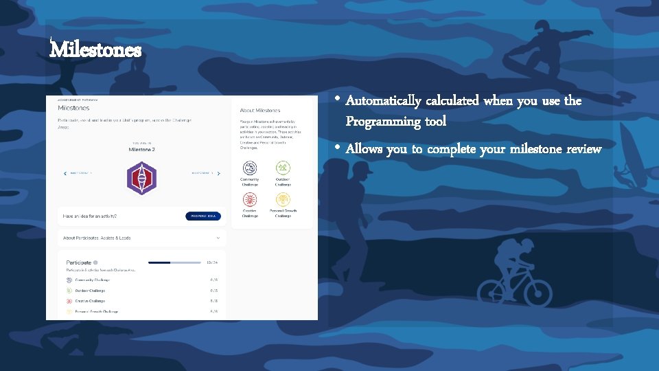 Milestones • Automatically calculated when you use the Programming tool • Allows you to