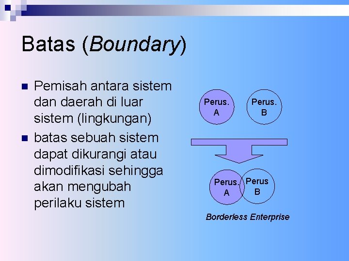 Batas (Boundary) n n Pemisah antara sistem dan daerah di luar sistem (lingkungan) batas