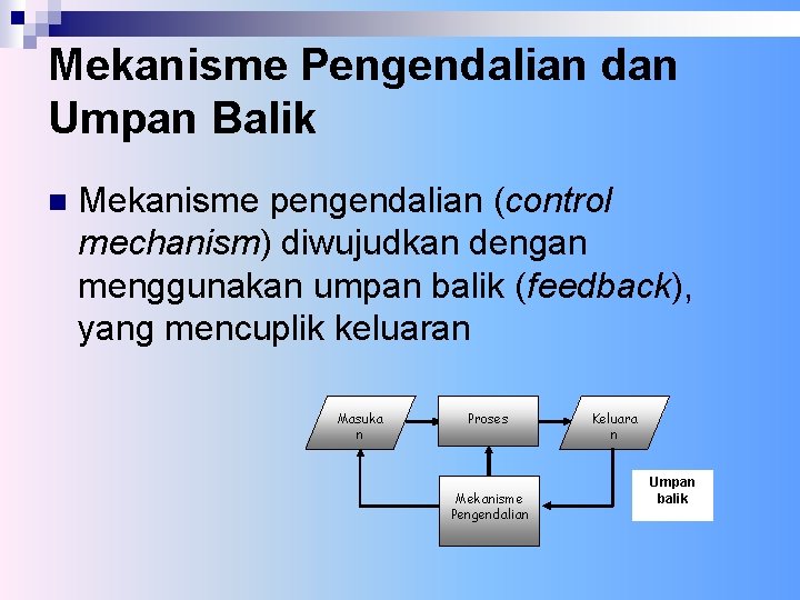 Mekanisme Pengendalian dan Umpan Balik n Mekanisme pengendalian (control mechanism) diwujudkan dengan menggunakan umpan