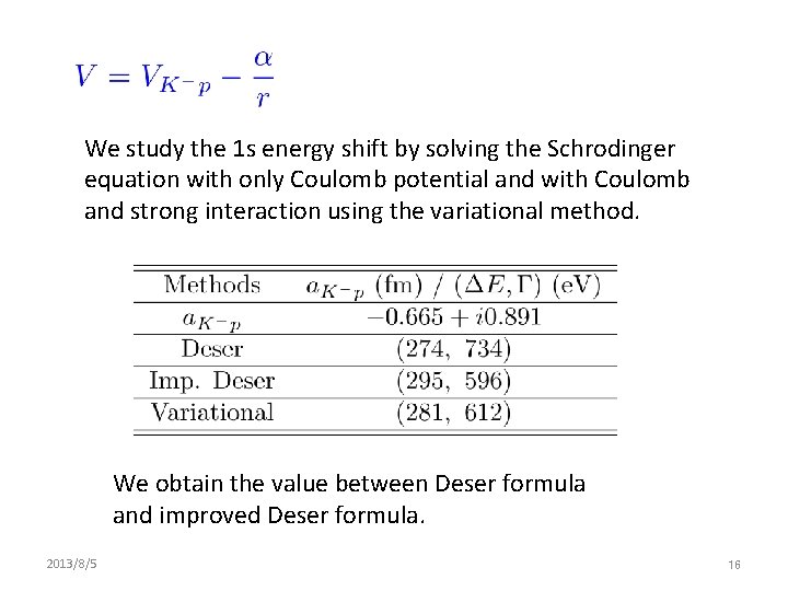 We study the 1 s energy shift by solving the Schrodinger equation with only