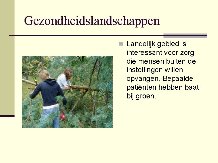 Gezondheidslandschappen n Landelijk gebied is interessant voor zorg die mensen buiten de instellingen willen