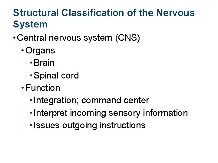 Structural Classification of the Nervous System • Central nervous system (CNS) • Organs •