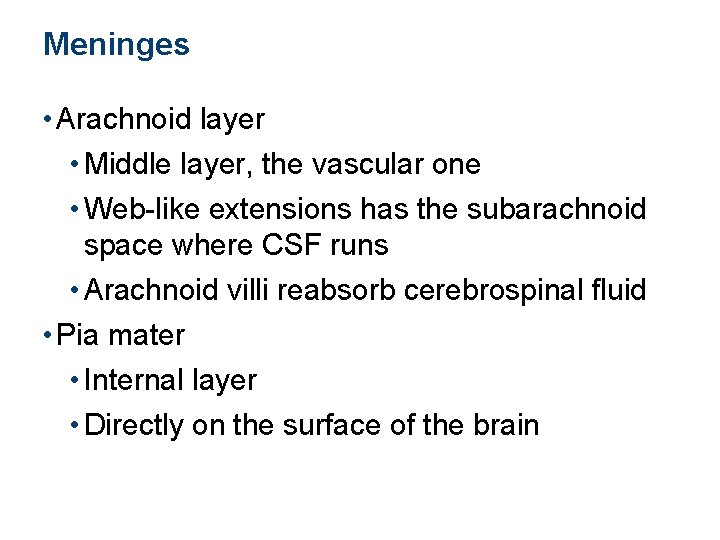 Meninges • Arachnoid layer • Middle layer, the vascular one • Web-like extensions has