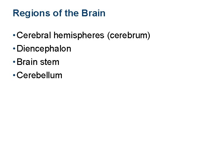 Regions of the Brain • Cerebral hemispheres (cerebrum) • Diencephalon • Brain stem •