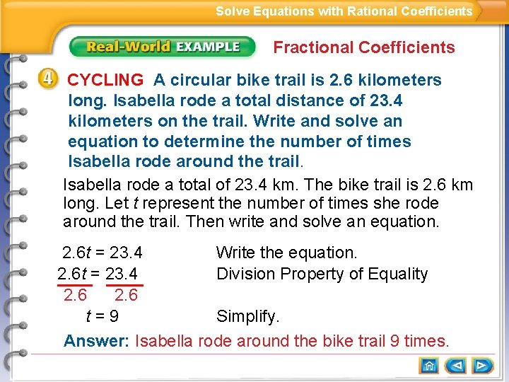 Solve Equations with Rational Coefficients Fractional Coefficients CYCLING A circular bike trail is 2.