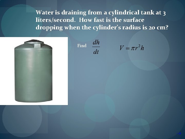 Water is draining from a cylindrical tank at 3 liters/second. How fast is the