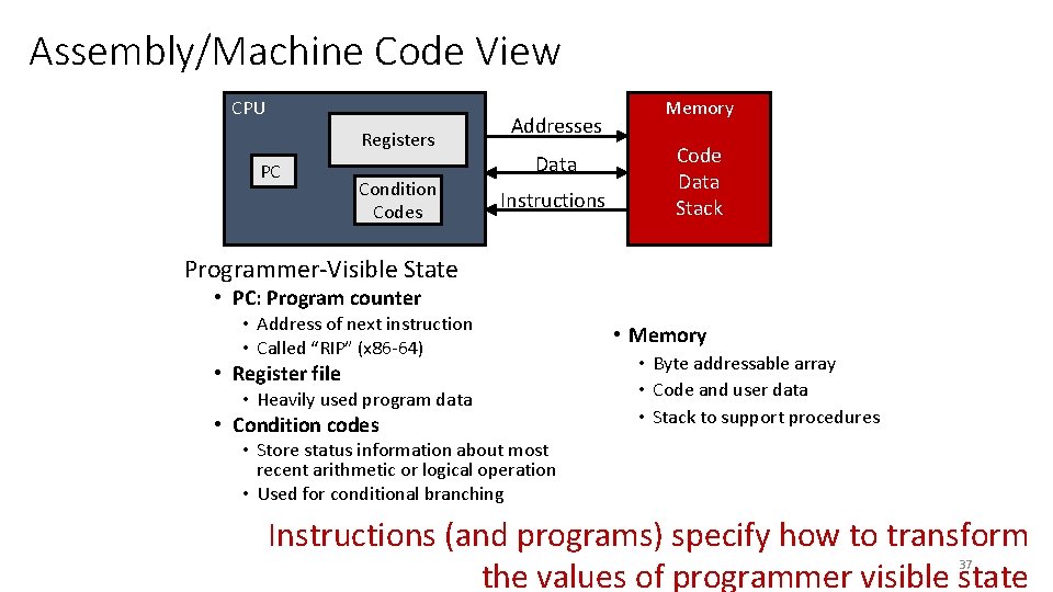 Assembly/Machine Code View CPU Registers PC Condition Codes Addresses Data Instructions Memory Code Data