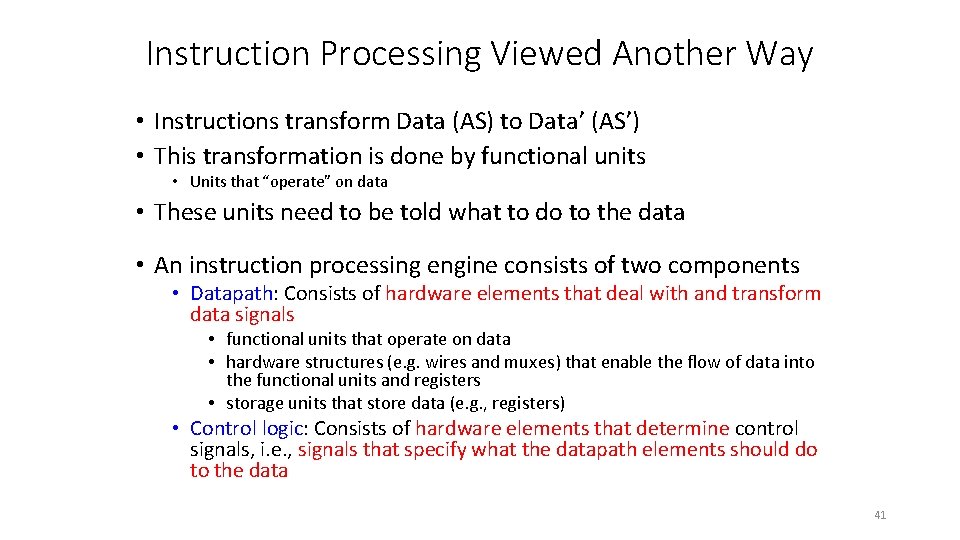 Instruction Processing Viewed Another Way • Instructions transform Data (AS) to Data’ (AS’) •