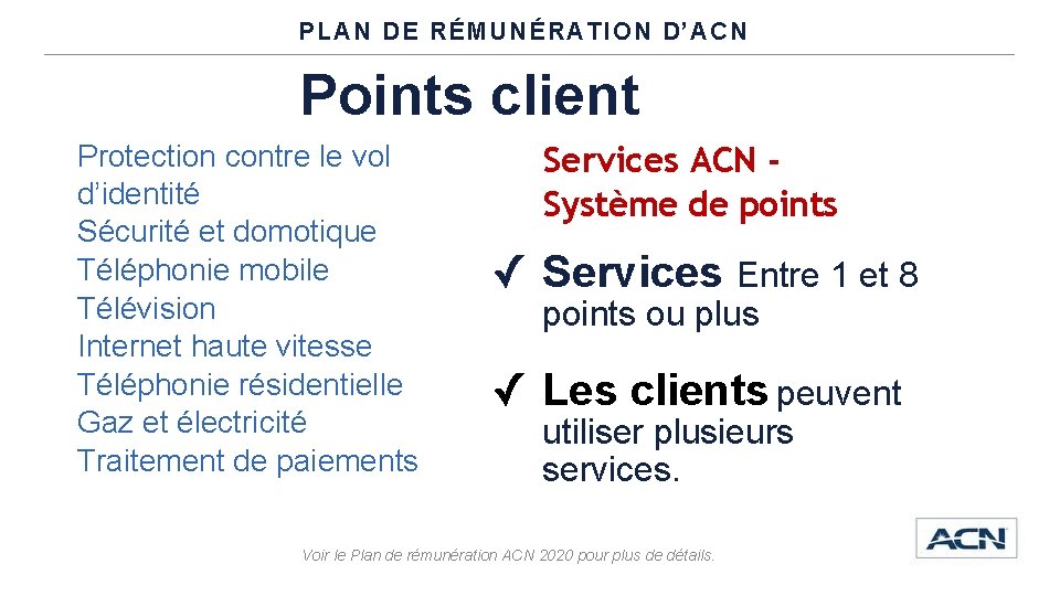 PLAN DE RÉMUNÉRATION D’ACN Points client Protection contre le vol d’identité Sécurité et domotique