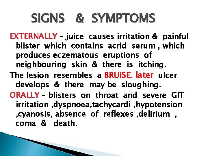 SIGNS & SYMPTOMS EXTERNALLY – juice causes irritation & painful blister which contains acrid