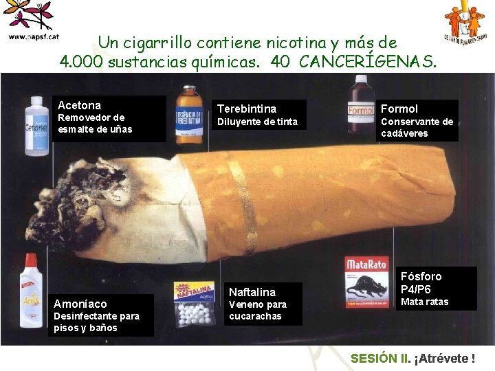 Un cigarrillo contiene nicotina y más de 4. 000 sustancias químicas. 40 CANCERÍGENAS. Acetona