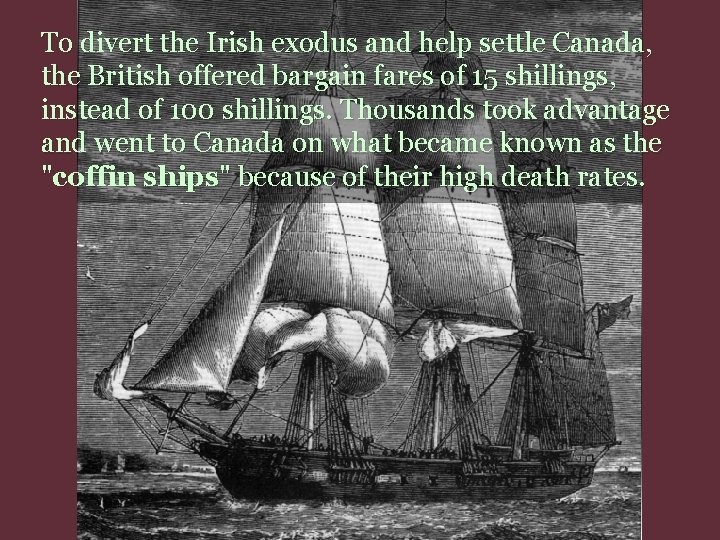 To divert the Irish exodus and help settle Canada, the British offered bargain fares