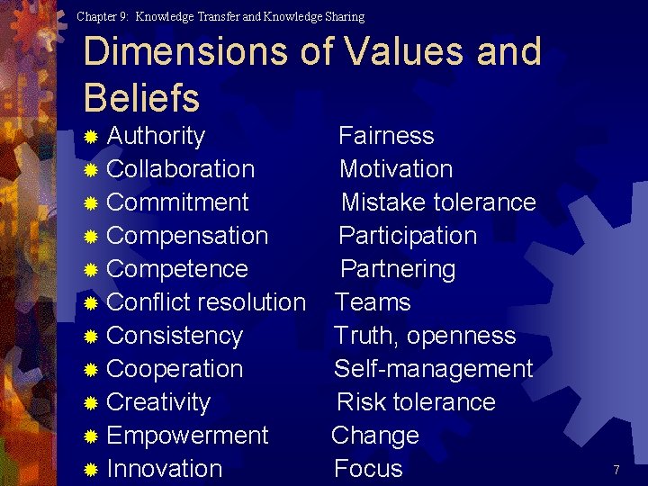 Chapter 9: Knowledge Transfer and Knowledge Sharing Dimensions of Values and Beliefs ® Authority Chapter 9: Knowledge Transfer and Knowledge Sharing Dimensions of Values and Beliefs ® Authority