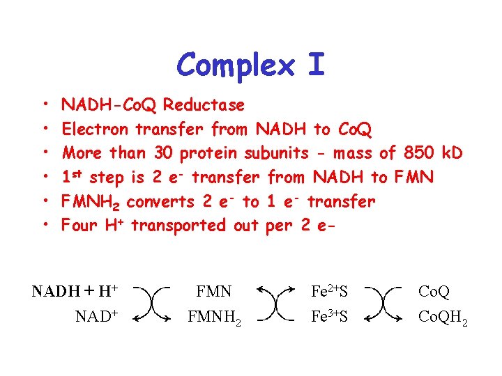 Complex I • • • NADH-Co. Q Reductase Electron transfer from NADH to Co.