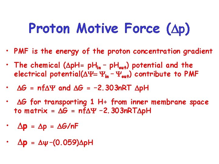 Proton Motive Force ( p) • PMF is the energy of the proton concentration