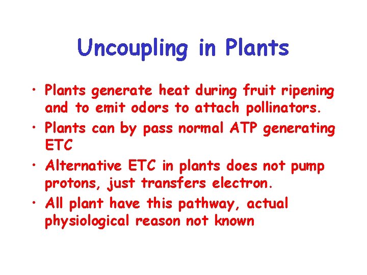 Uncoupling in Plants • Plants generate heat during fruit ripening and to emit odors