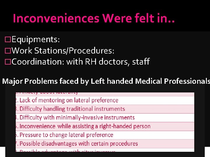 Inconveniences Were felt in. . �Equipments: �Work Stations/Procedures: �Coordination: with RH doctors, staff Major