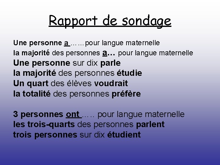 Rapport de sondage Une personne a ……pour langue maternelle la majorité des personnes a… Rapport de sondage Une personne a ……pour langue maternelle la majorité des personnes a…