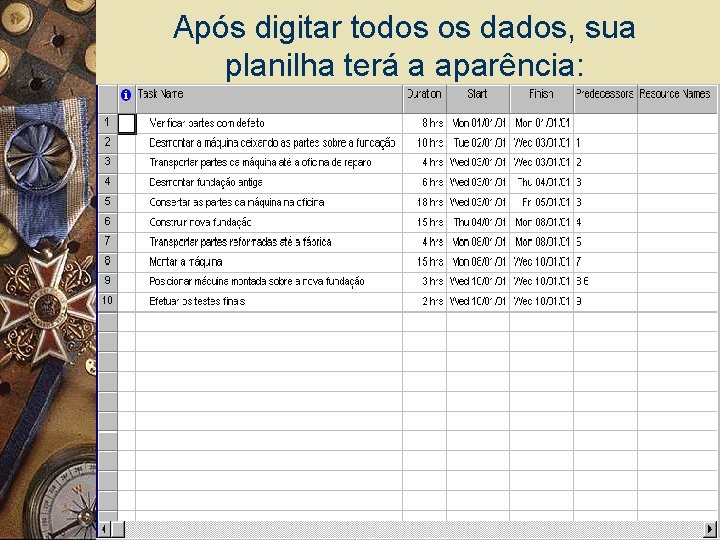 Após digitar todos os dados, sua planilha terá a aparência: 