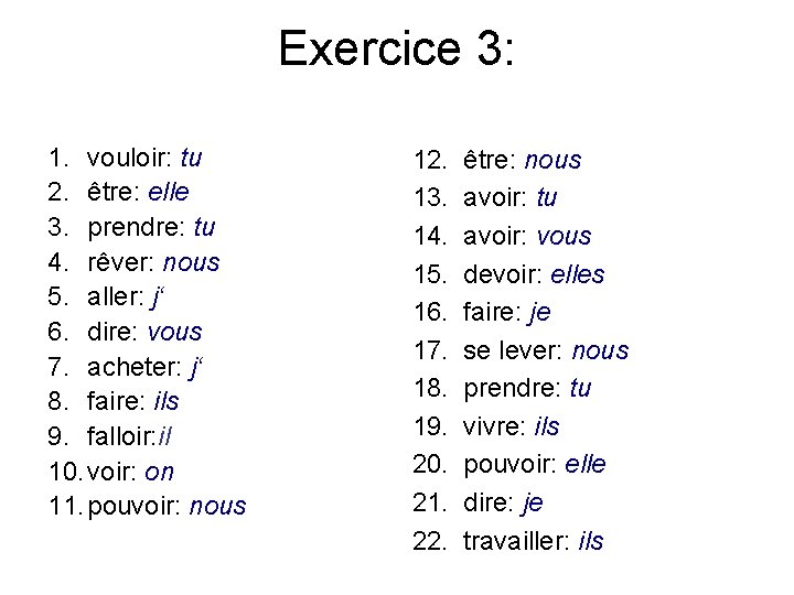 Exercice 3: 1. vouloir: tu 2. être: elle 3. prendre: tu 4. rêver: nous